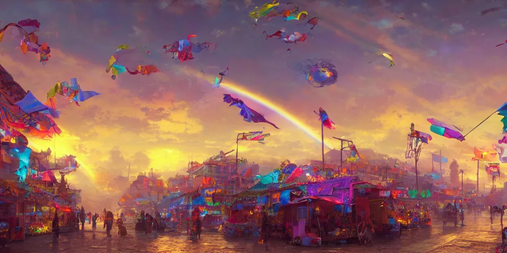 Prompt: screenshot of a colorful marketplace in a makeshift city in the clouds, iridescent sunset, flags and kites fly in the wind, rainbows, hustle and bustle, fps, thomas kinkade, by craig mullins, james gurney, greg rutkowski, sparth, mucha, cinematography, cinematic masterpiece