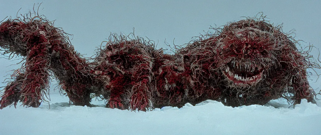 Prompt: filmic extreme wide shot movie still 4 k uhd interior 3 5 mm film color photograph of a detached snarling distorted deformed creature abstract shape shifting organism made of human tissue, running around the an arctic village that is on fire chasing humans in the style of the horror film the thing 1 9 8 2