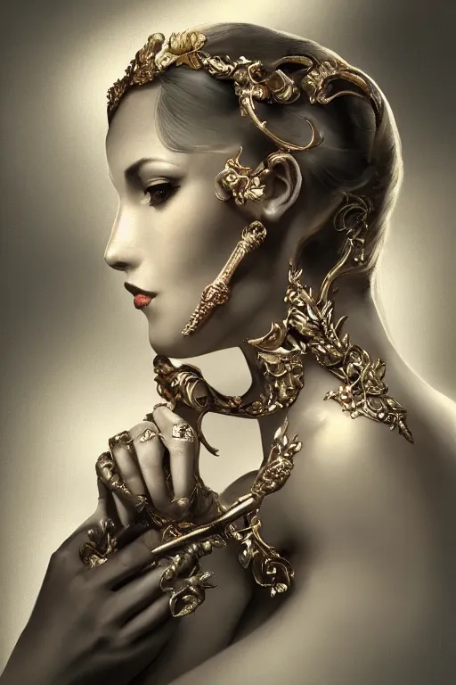 Image similar to An extremely beautiful Art Deco ornate portrait of a young attractive woman with a beautiful bone structure, professionally painted digital art illustration, smooth, sharp focus, atmospheric lighting, highly detailed illustration highlights, golden ratio, extremely detailed winning award masterpiece, 8K post-processing, trending on artstation flawless, prismatic highlights, telephoto, depth of field, cinematic, macro, concept art, wepa digital, elegant, epic, octane render, v-ray, C4D