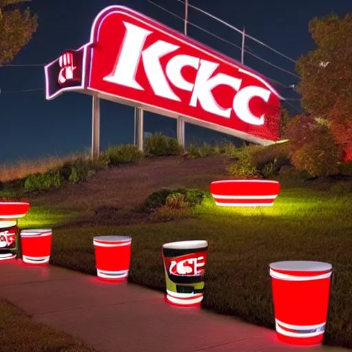 Image similar to a photo of a landscape with many lit up KFC bucket signs on sticks sticking out of it