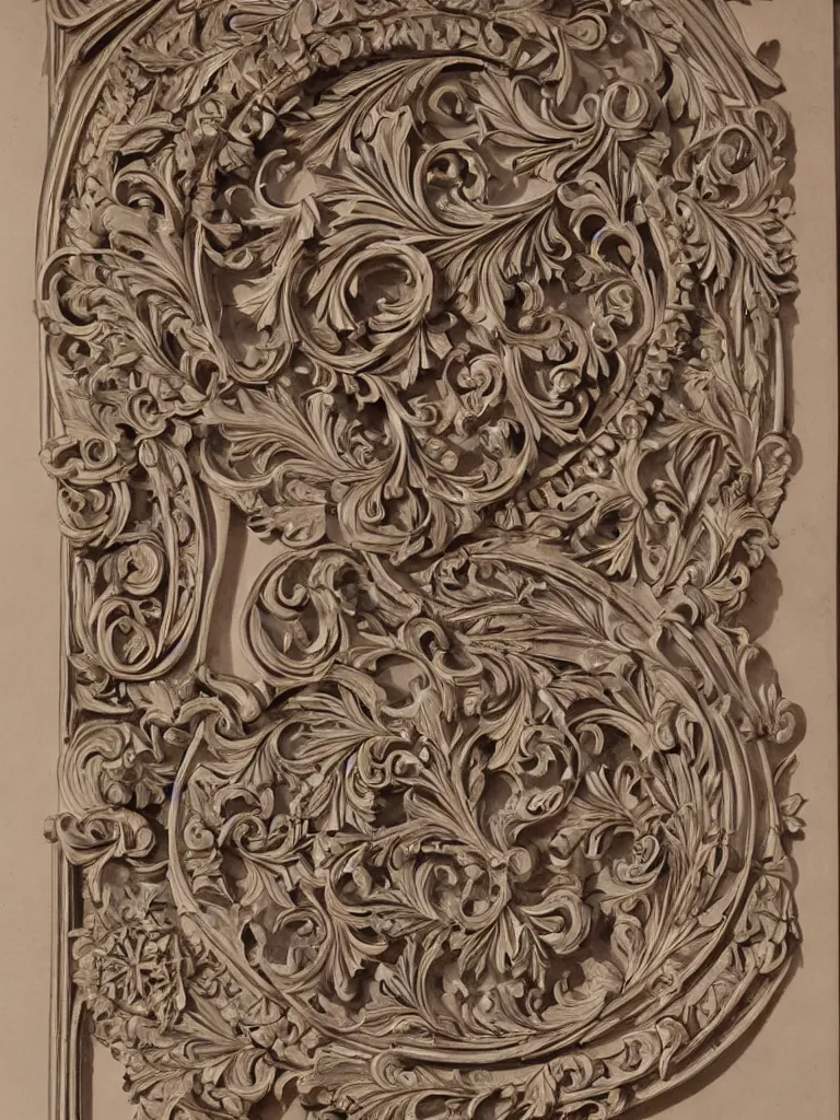 Image similar to a beautiful and masterful futuristic engraving decorative ornamental emblem, acanthus, floral, acroteria, arabesque, bead and reel, beams, bocage, cartouche, caulicoli, dentils, eagle, encarpus, symmetrical doorway