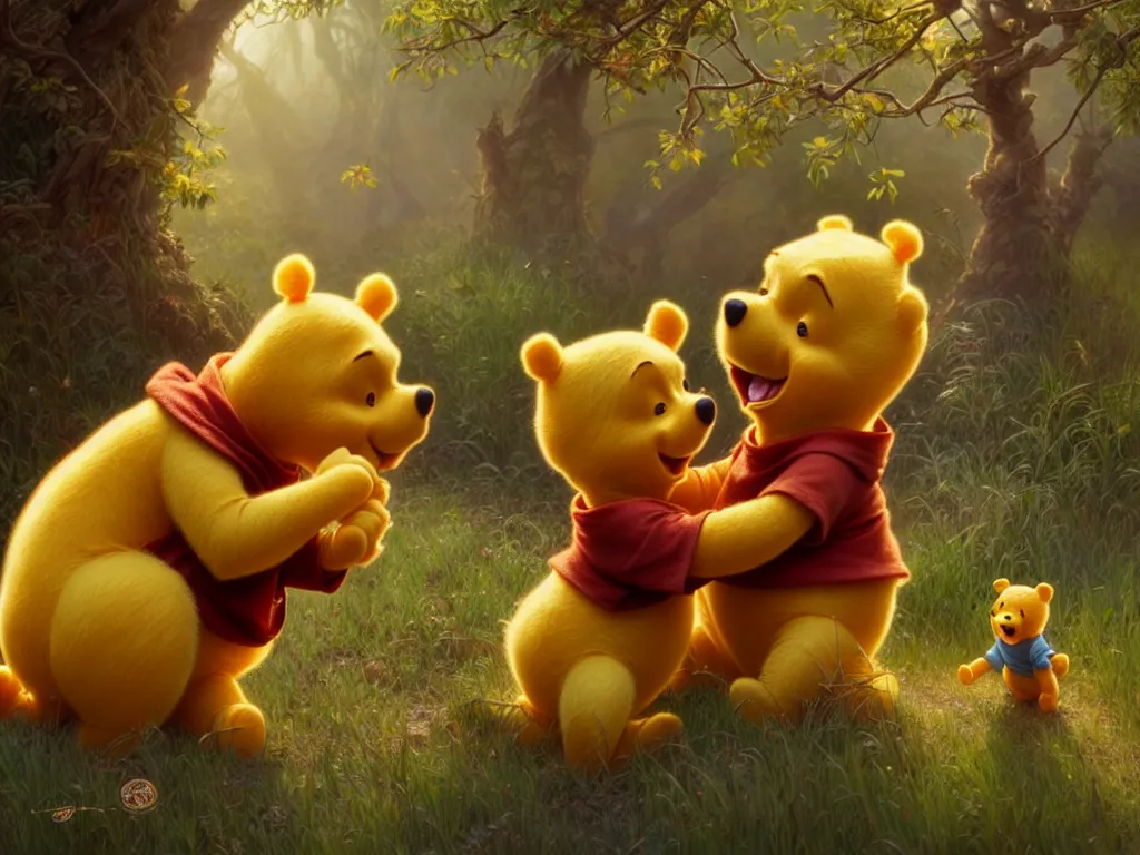 Prompt: winnie the pooh and xi jingping, cute and cuddly, highly detailed, photorealistic, octane render, 8 k, unreal engine. art by artgerm and greg rutkowski and alphonse mucha