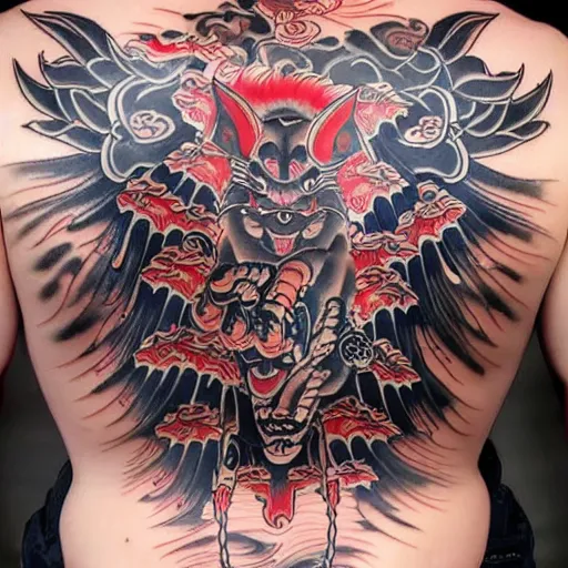 Image similar to photograph of a Japanese back tattoo, colourful ink, traditional Japanese pattern depicting a werewolf, highly-detailed, beautiful, award winning, 8k