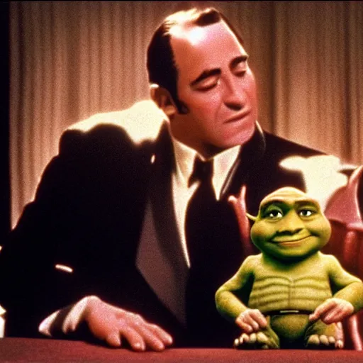 Prompt: movie still, shrek as michael in the godfather, film grain, realistic photo, soft light, 1 9 8 0 s, old movie, 1 6 mm