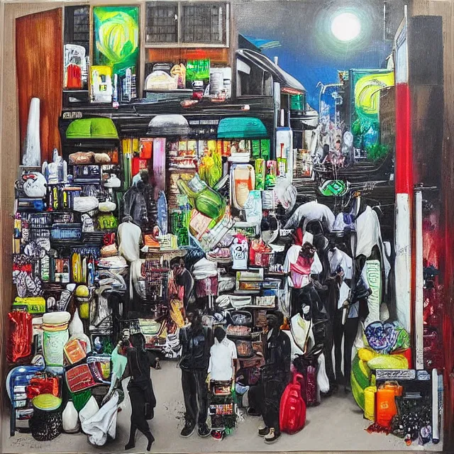 Image similar to “ a busy sidewalk in nairobi, pharmacy, street hawkers, medical supplies, pills and medicine, ikebana, herbs, a candle dripping white wax, squashed berries, berry juice drips, acrylic and spray paint and oilstick on canvas, surrealism, neoexpressionism ”