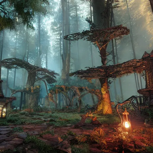 Image similar to steampunk fantasy forest. unreal engine. 8K. detailed. photorealism. artstation. well lit. digital render. ultra realistic