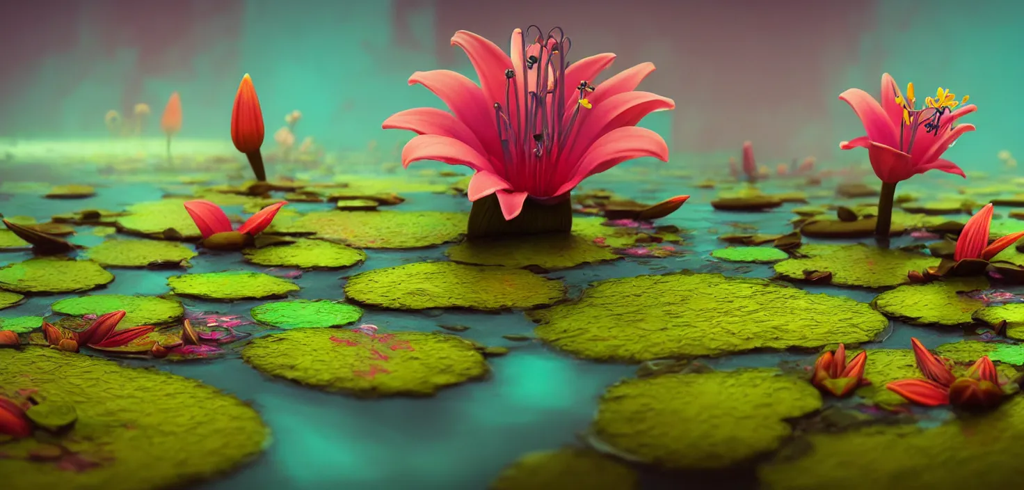 Prompt: colourful murky nature with the lily flowers in water, in the style of craola, shallow depth of field, highly detailed, digital painting, trending artstation, concept art, illustration, cinematic lighting, vibrant colors, photorealism, epic, octane render