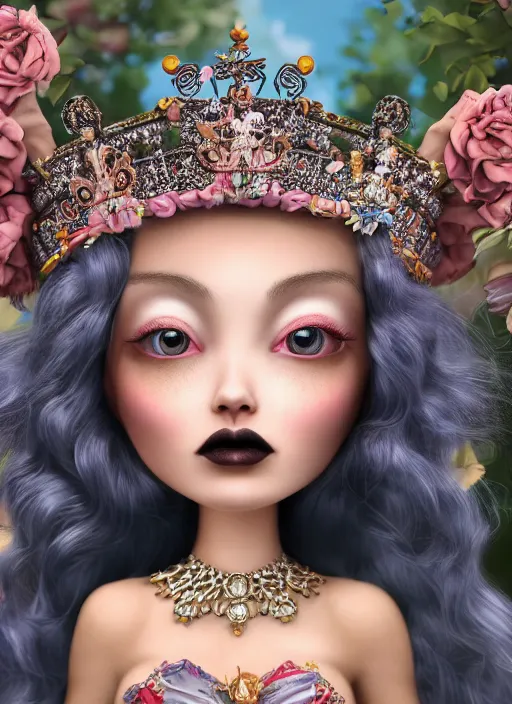 Image similar to closeup profile portrait of tin toy goth fairytale princess wearing a crown, bikini, depth of field, zeiss lens, detailed, symmetrical, centered, fashion photoshoot, by nicoletta ceccoli, mark ryden, lostfish, breathtaking, 8 k resolution, extremely detailed, beautiful, establishing shot, artistic, hyperrealistic, octane render