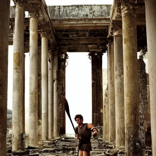 Prompt: Achilles holding a spear, standing in ruins, fallen columns, tom chambers photography