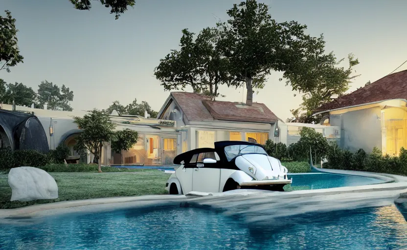 Image similar to a vw beetle parked near a modern small house with a pool at sunrise, concept art, octane render, unreal engine 5, trending on artstation, high quality, highly detailed, 8 k, soft lighting, path traced, godrays, lens flare, hyperrealistic, symmetrical, low contrast, digital art, beautiful, elegant