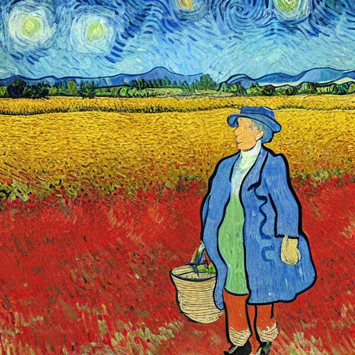 Image similar to van gogh painting of a sad hillary clinton standing in a flower field sunny