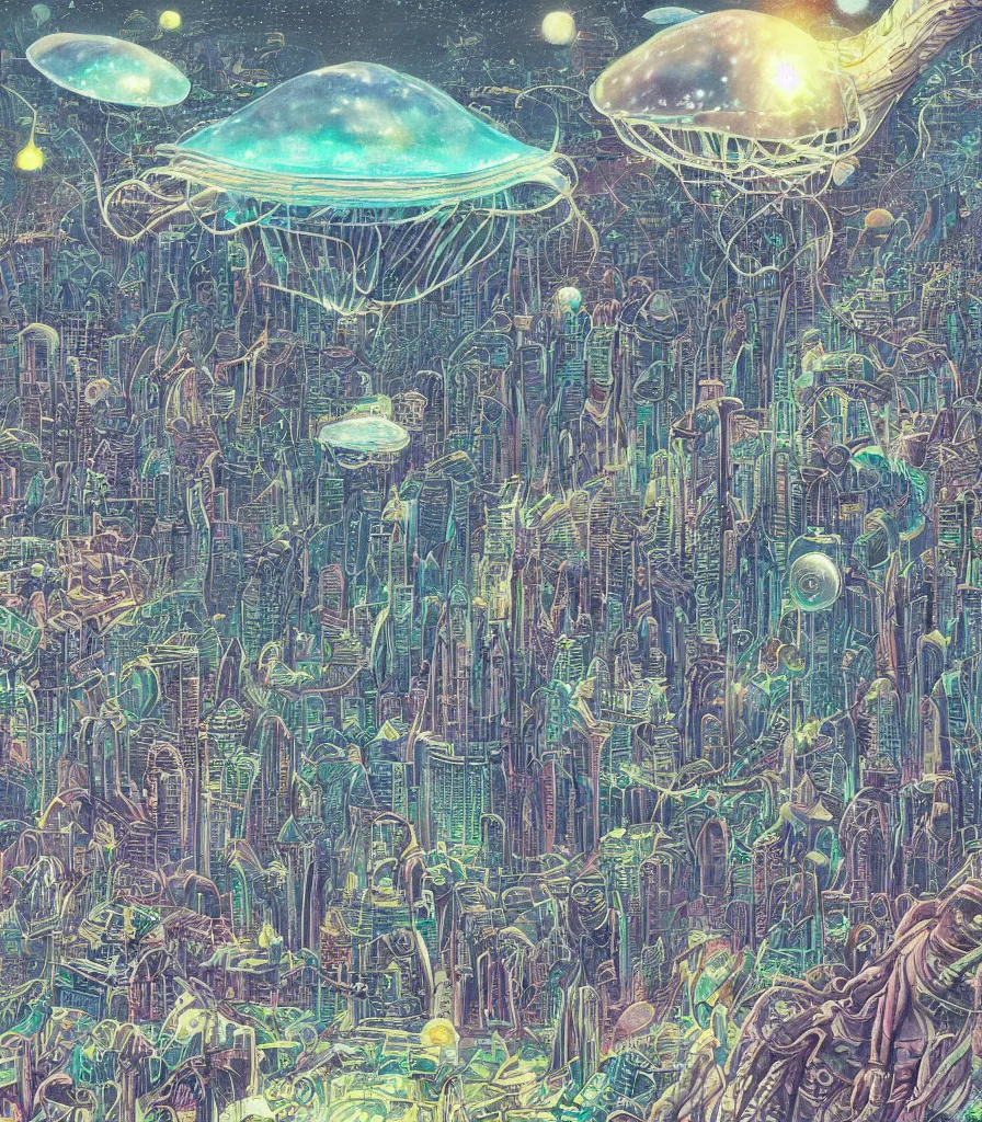 Prompt: brilliant alien massive jellyfish in the sky surrounding a futuristic alien city hosting within color scientific illustration by Ernst Haekel, Hayao Miyazaki, color illustration with orthographic views