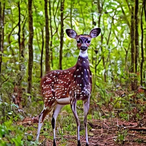 Prompt: a beautiful spotted deer in the woods, rocket launchers on the deers back