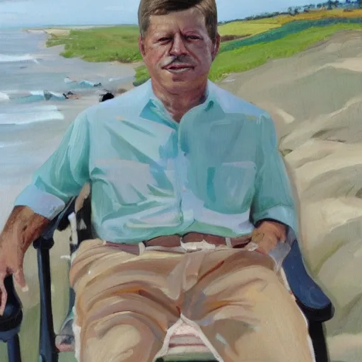 Image similar to portrait of john f kennedy, wrinkled, grey hair sitting on rocking chair, landscape of nantucket beach, dunes, ocean, bluff, handsome, hawaiian shirt, oil on canvas by william sidney mount - 1 9 8 2, trending on artstation