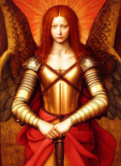 Image similar to a beautiful intricate renaissance painting portrait of an angel aasimar knight in heavy ornate red metal armor with a shining golden heavenly sword, by Raphael, Leonardo DaVinci, great masterpiece, award winning historic painting, dynamic composition, trending on artstation,4k, 8k