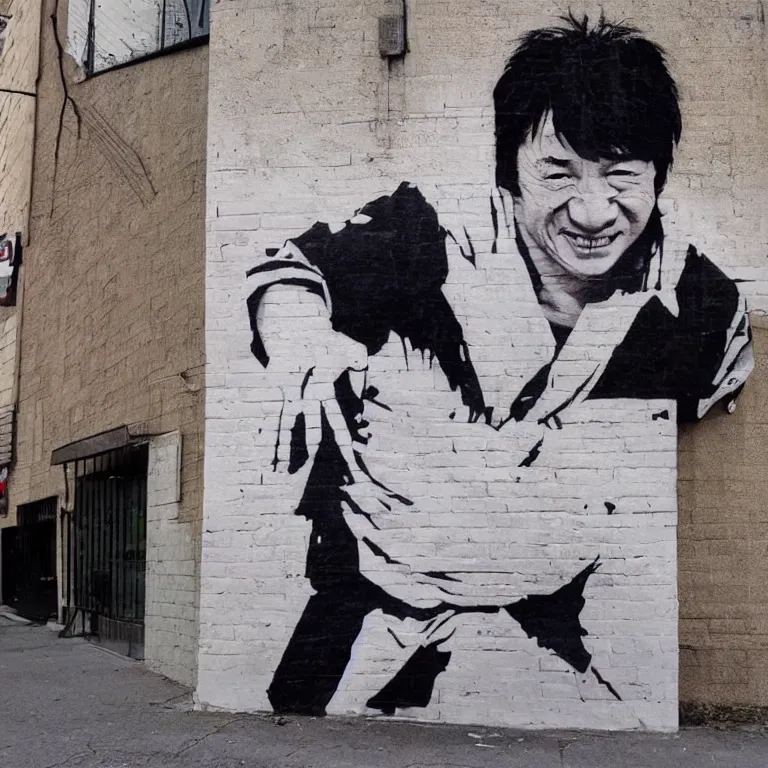 Image similar to Street-art full-body portrait of Jackie Chan in style of Banksy