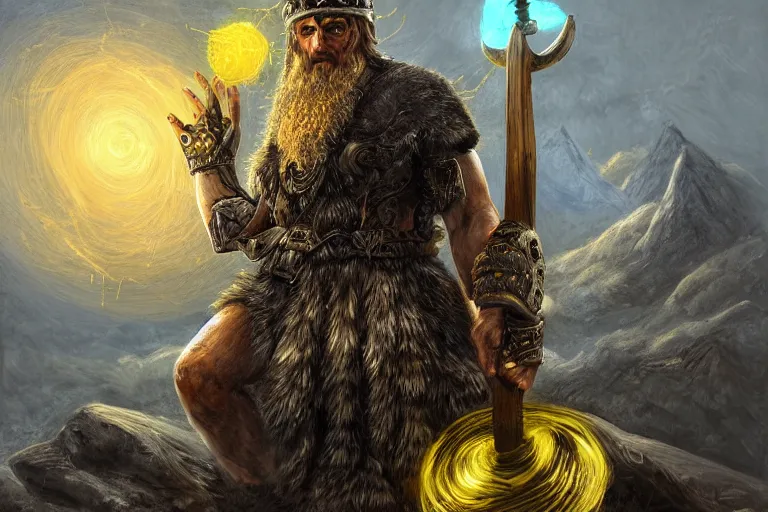 Prompt: mythological viking odin Shaman of artificial intelligence creating an artificial neural network with yellow synapses on an anvil, dark mystical mountains in the background, high resolution, award winning art, trending on art station, sharp image, incredibly detailed, detailed character realistic painting,