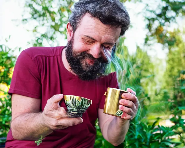 Prompt: mr robert is drinking fresh tea, smoke weed and meditate in a garden from spiral mug, detailed smiled face, short beard, golden hour, red elegant shirt
