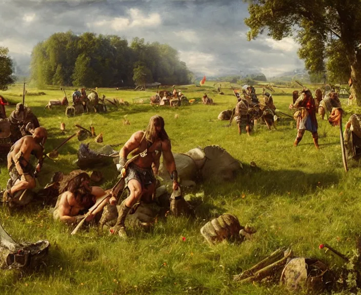 Image similar to a peaceful encampment of barbarian men in an irish meadow, art by denys tsiperko and bogdan rezunenko, hyperrealism