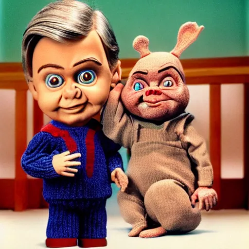Prompt: Mr. Rogers holding a Chucky doll from the movie Child's Play from 1988 highly detailed 8k hdr