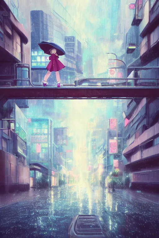 Image similar to 3d ultra realistic anime illustration, two schoolgirls flying on huge japanese elevated subway at rainy sunset. deep and complex composition. Pastel colors. style of Hiro Kiyohara anime. redshift, octane, trending on artstation, cinematic, oil painting