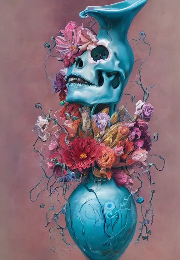 Image similar to a biomorphic painting of a vase with flowers and eyeballs in it, a surrealist painting by marco mazzoni, by dorothea tanning, pastel blues and pinks, lips, melting, plastic, skull, featured on artstation, metaphysical painting, oil on canvas, fluid acrylic pour art, airbrush art, seapunk, rococo, lovecraftian