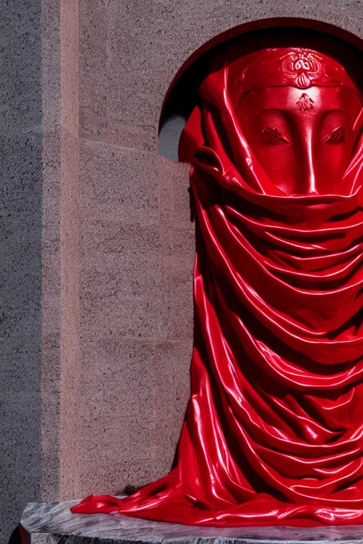 Image similar to the unknown maiden hiding his face under a red silk veil, statue made with embossed polished dark marble, sculpted by hedi xandt and bernini, epic and cinematic view, volummetric light, intricate, detailed, 8 k