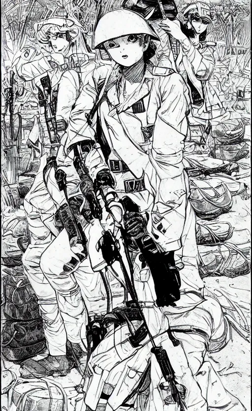 Prompt: manga style, intricate line art, side portrait of a girl, trench and sandbags in background, soldier clothing, short hair, hair down, symmetrical facial features, norman rockwell, tom lovell, alex malveda, jack kirby, greg staples