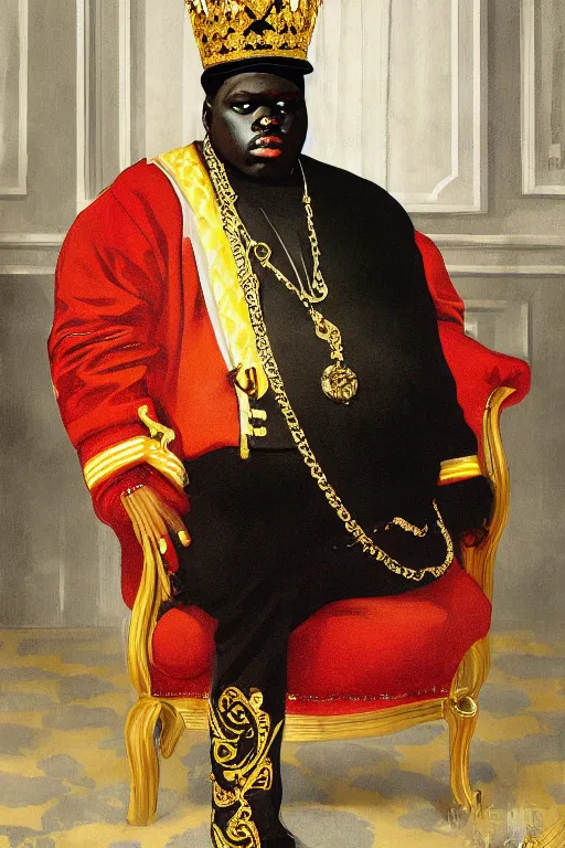 Image similar to portrait of biggie smalls with kings crown and royal outfit, royal background, modern, eclectic, illustration, by ramon casas