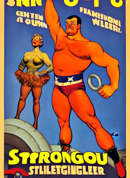 Prompt: poster for circus strongman. portrait by clyde caldwell and jean giraud and anton otto fischer and john philip falter and will eisner and gil elvgren