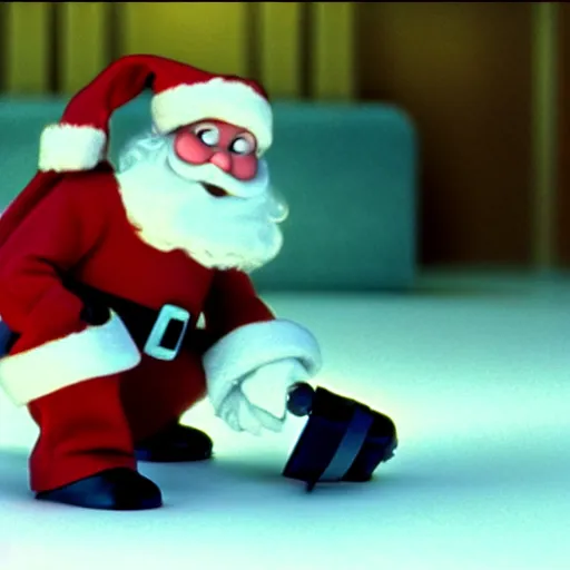 Image similar to a cinematic film still from a 2001 Pixar horror movie about an evil robotic Santa, in the style of Pixar, shallow depth of focus