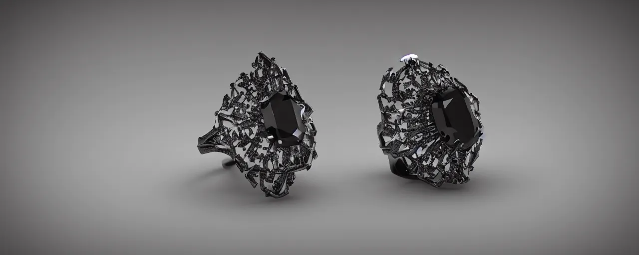 Prompt: black magic crystal ring, fire, flame, crystal, engravings, diamonds, product design, jewelry, art by gerald brom, greg rutkowski and artgerm, photo realism, unreal engine, c 4 d