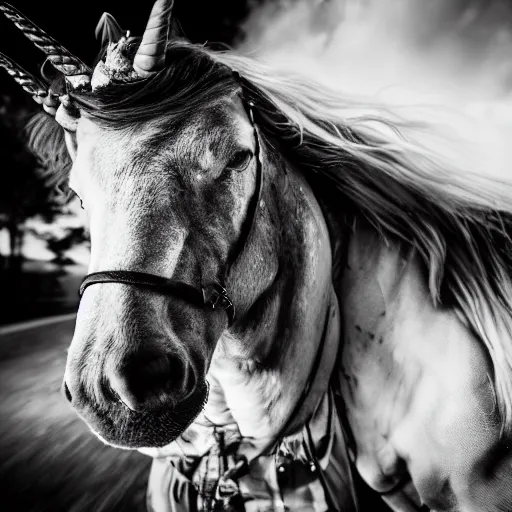 Image similar to jack nicholson riding a unicorn, gritty black and white photography, wide angle, 28mm