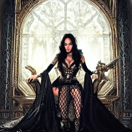 Prompt: a queen is sitting on her throne dressed in chains, looks like megan fox, beautiful highly detailed face, complementary lighting, backlit, black eyeshadow, grinning, adventure, dramatic lighting, landscape background, beautiful painting by artgerm and greg rutkowski and raymond swanland