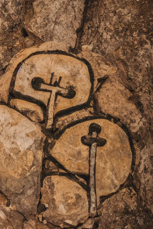 Prompt: 4 k photography of petroglyphs representing crosses, ufo, yin yang symbol on a cave