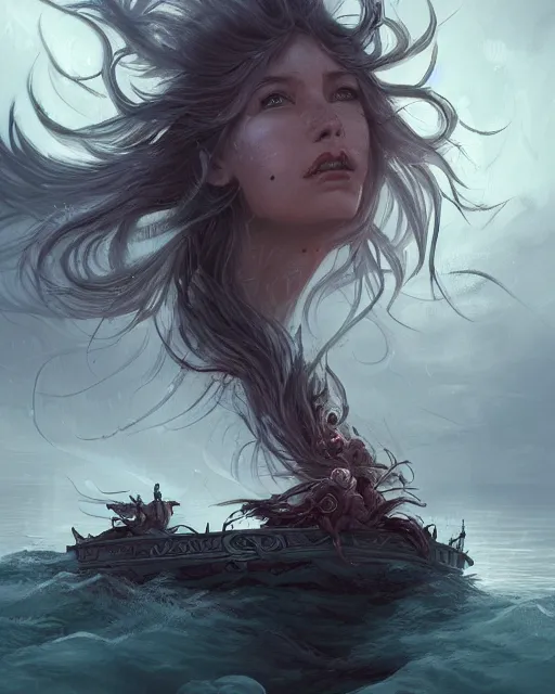 Image similar to Mind Flayers, wind-like hair posing on a boat, at night, highly detailed, fantasy art, in the style of greg rutkowski, illustration, epic, fantasy, intricate, hyper detailed, artstation, concept art, smooth, sharp focus, ray tracing