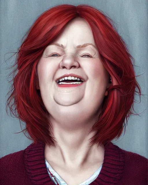 Prompt: portrait of short and plump 5 0 - year - old woman with red hair and, happy kind face, round face, short hair, molly weasley, wearing in cardigan, hyper realistic face, beautiful eyes, character art, art by mark brooks, hyperdetailed, cryengine, trending on artstation, digital art