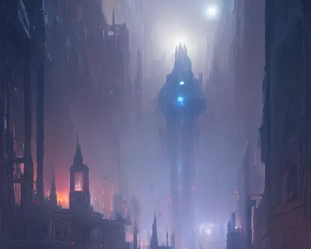 Prompt: great city of the lantern of time, a sci-fi digital painting by Greg Rutkowski and James Gurney, trending on Artstation, eerily beautiful, highly detailed