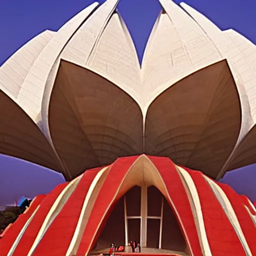 Prompt: futuristic lotus temple space station with gold, red and white marble panels, by zaha hadid and buckminster fuller and syd mead, intricate contemporary architecture, photo journalism, photography, cinematic, national geographic photoshoot