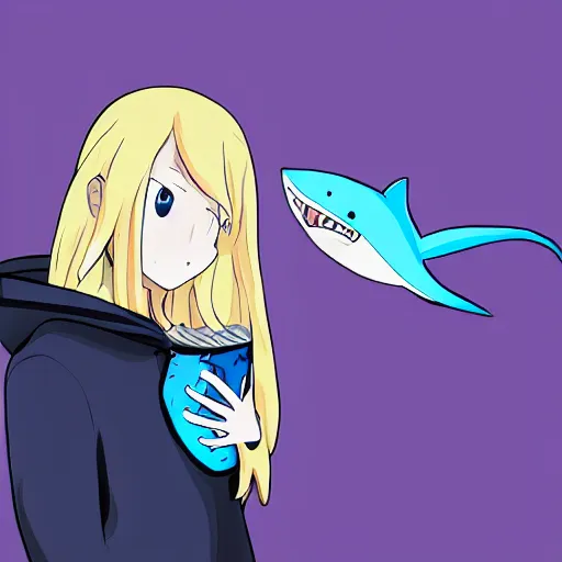 Image similar to a blonde girl in a black hoodie holding a blue shark stuffed animal, anime style digital art