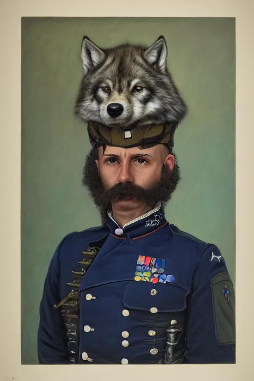 Image similar to portrait minnesota timberwolves military, full battle ready, 1 8 8 9, in full military garb, midnight blue, aurora green, lake blue, moonlight grey, oil on canvas by william sidney mount, trending on artstation