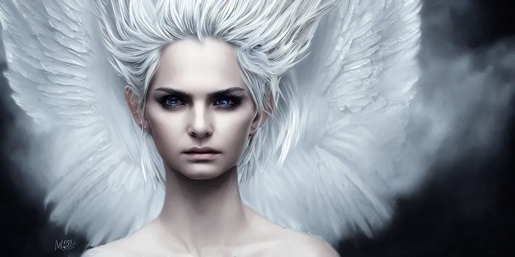 Prompt: portrait of symmetric detailed angel with white hair with detailed white wings flying in black smoke, ultra realistic, epic, highly detailed, hd, sharp focus, cinematic lighting, realistic, vivid colors, gritty, matt painting, digital art, non blurry, sharp, artstation, concept art, smooth, illustration.