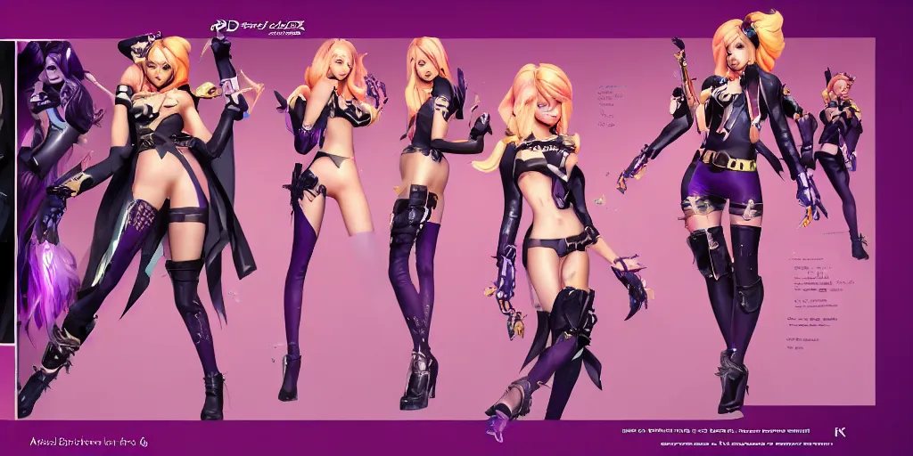 Image similar to character sheet of beautiful KDA More Miss Fortune (wild rift). 3d render, octane render, k-pop, music video, game art, realistic, highly detailed, trending on artstation, 4k, trending on artstation, pixar, cgsociety, unreal engine 5, redshift render, trending on artstation, blender, behance, cg