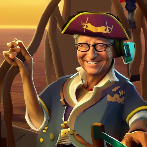 Image similar to Bill Gates as a pirate in the game Sea of thieves, digital art, trending on artstation