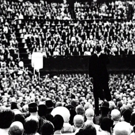 Image similar to an old black and white photo of a clown giving a rousing political speech to a huge crowd,