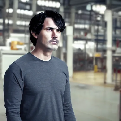 Image similar to a guy in a grey shirt with long sleeves and wearing dark blue jeans, dark black hair and no visible facial hair at all looking in the distance to see a factory plotting something ( highly detailed, and cinematic movie shot, greatly illustrated, photo - realistic, hyperrealistic image, 4 k, uhd, good quality still frame photo )