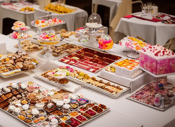 Image similar to a table with a white map full of sweets and bite sized deserts. highly detailed 8 k. intricate. nikon d 8 5 0 3 0 0 mm. award winning photography.