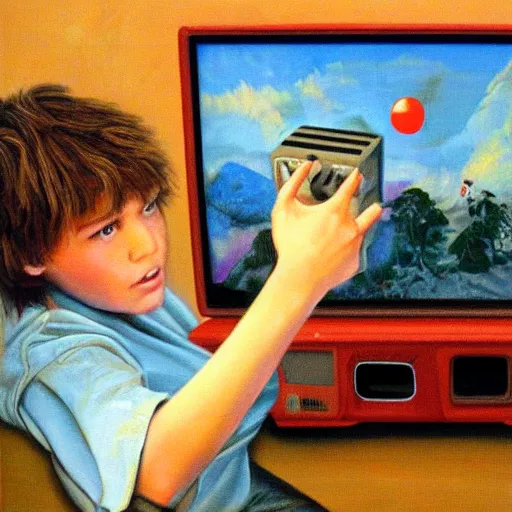 Prompt: a boy playing a video game on a wood panel CRT tv 1985 late at night oil on canvas