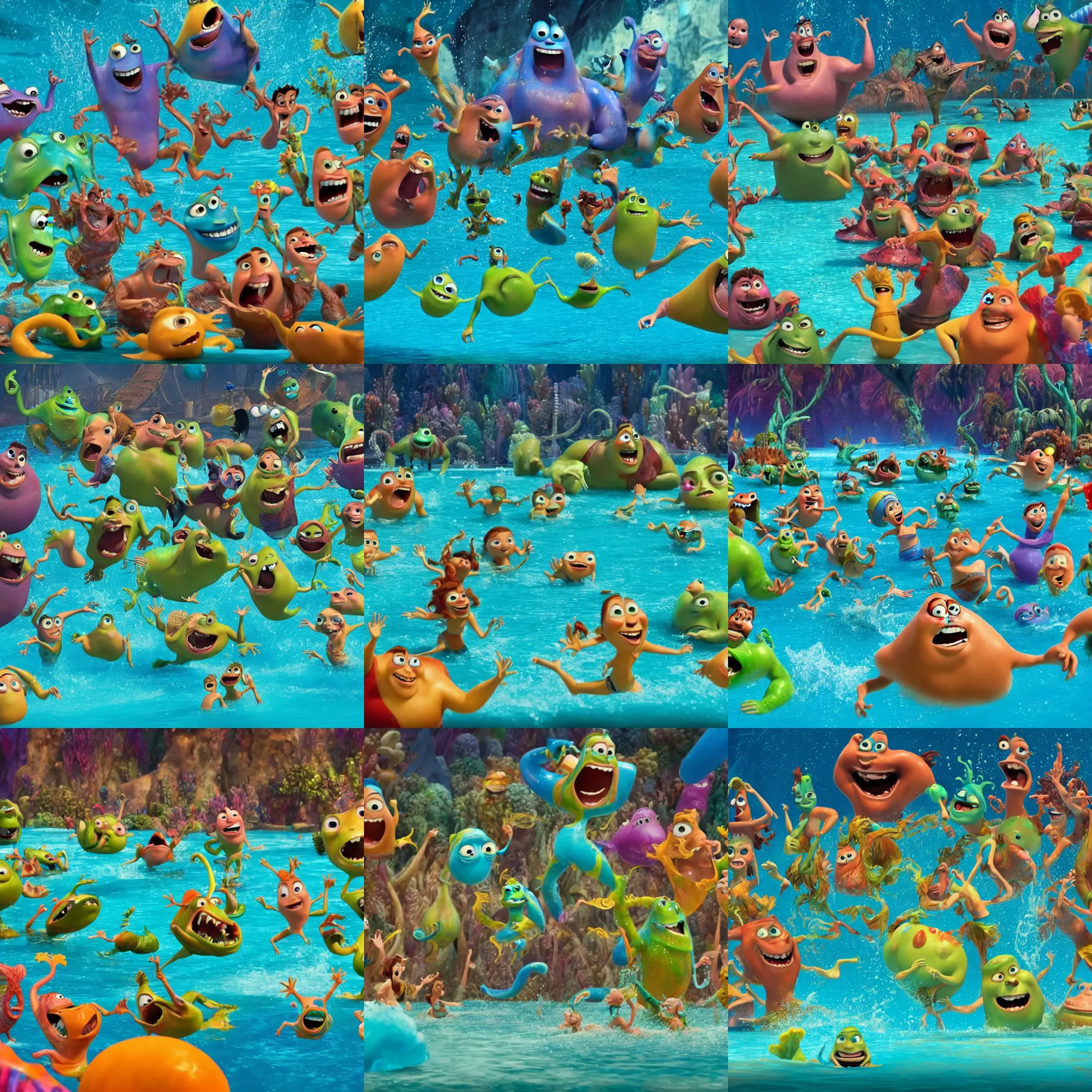 Prompt: cinematic wideangle of a bunch of fluid kings and queens dancing fighting underwater at a waterpark, pixar illumination studios animated movie by john lasseter, extremely joyful and eerie smiles, slimy fluid liquid blobs