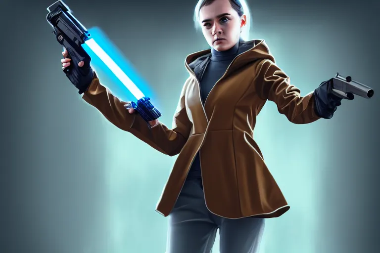 Prompt: girl in a futuristic raincoat, holding a revolver, character concept art, star wars style, digital art, many details, super realistic, high quality, 8 k